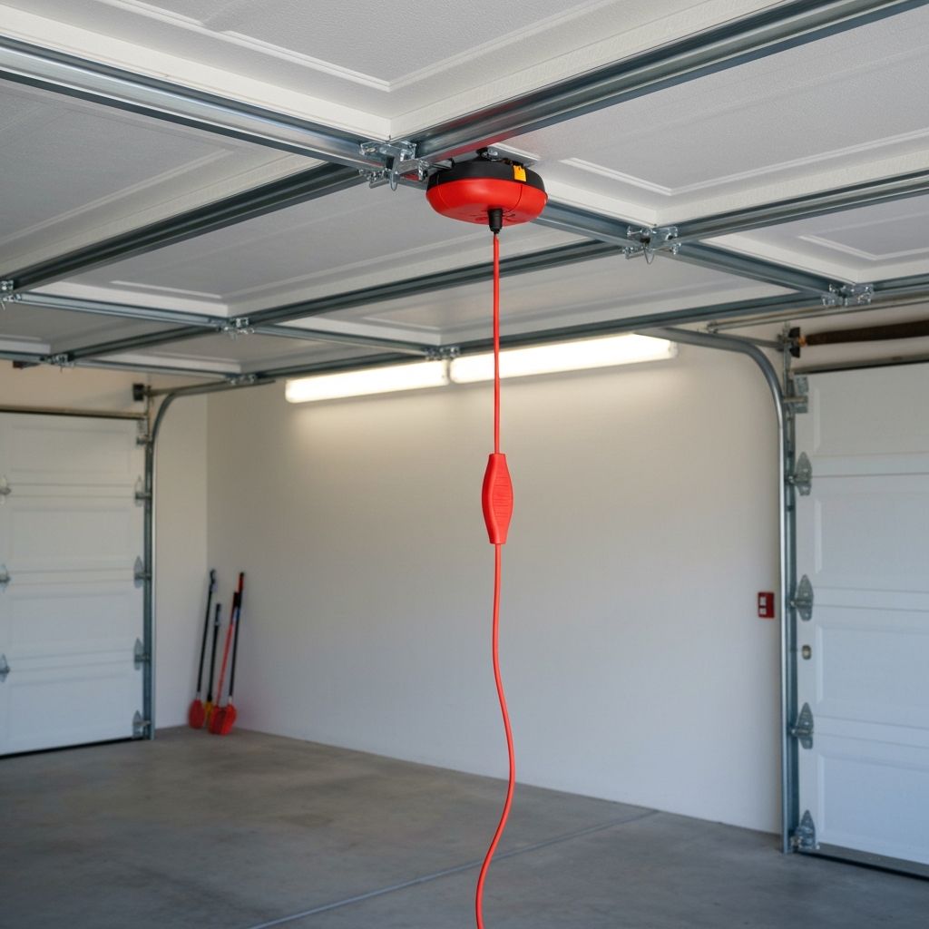 Red emergency release cord on garage door opener