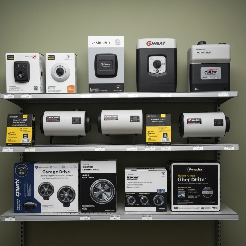 Different garage door opener models displayed