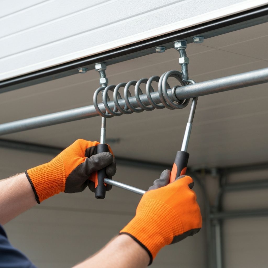 Technician installing torsion spring above garage door