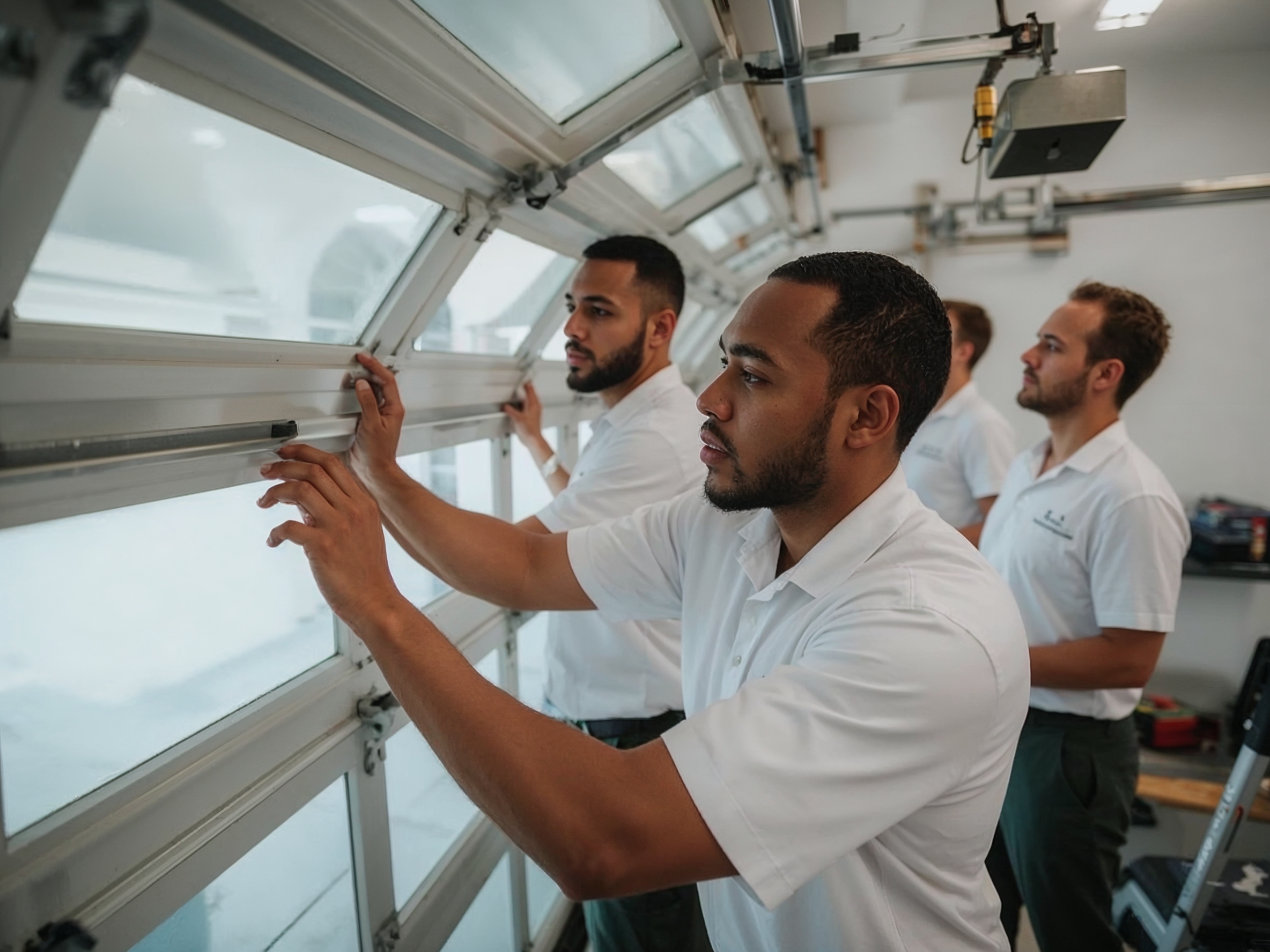 Professional team installing garage door