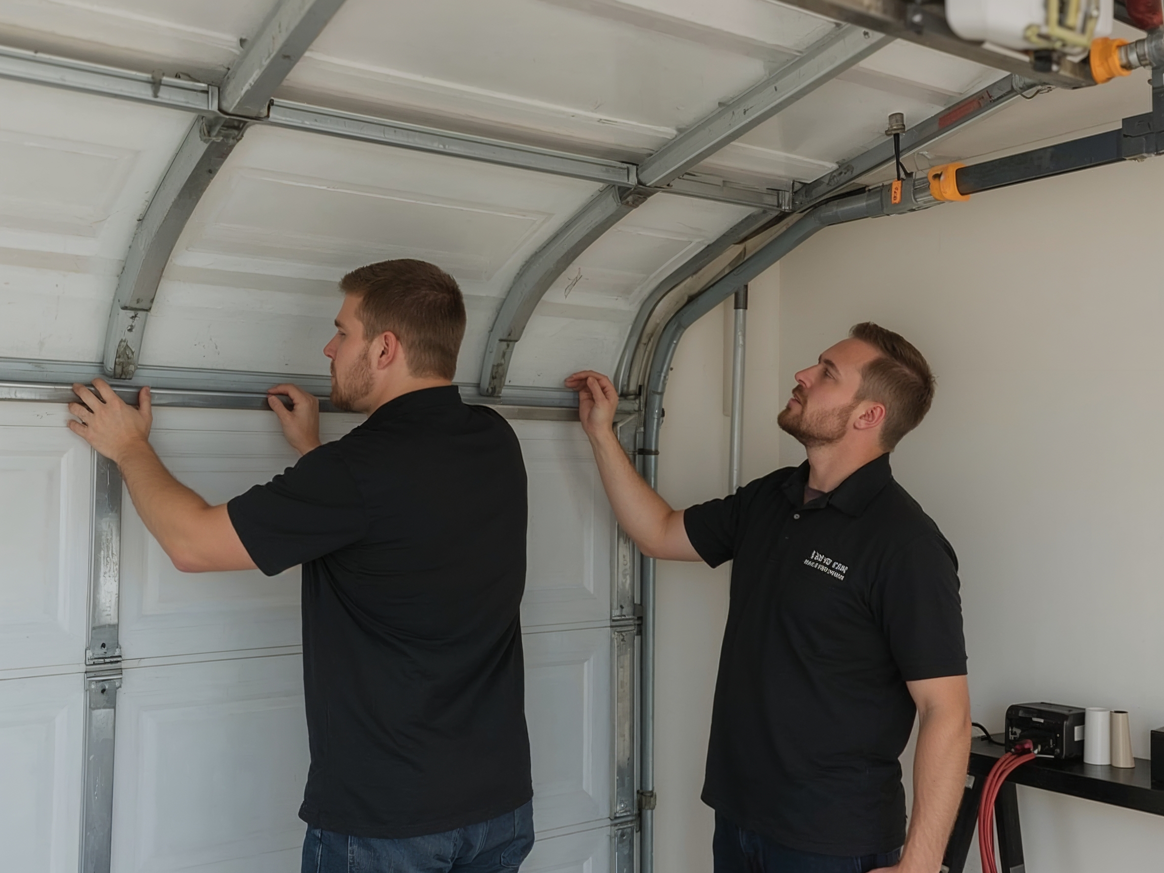 Professional technicians installing garage door